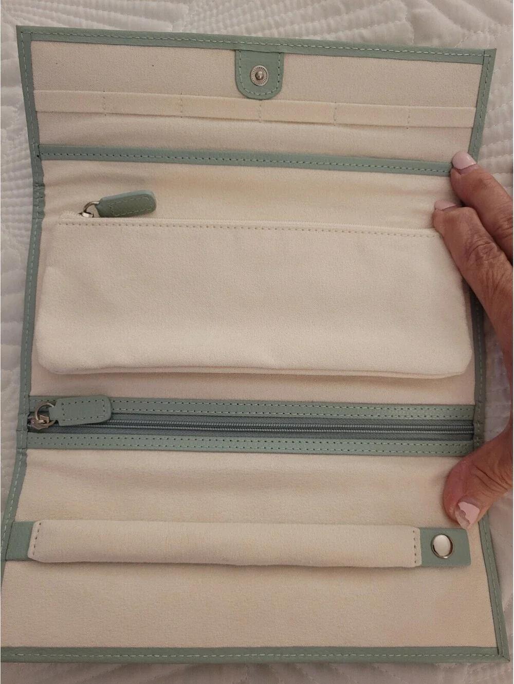 Pottery Barn Mckenna travel jewelry portfolio Tri Fold Mint Green WOLF